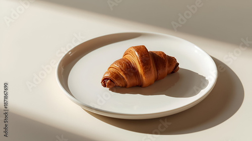  A Golden-Brown Croissant on a White Plate: A Delightful Culinary Treat Captured in Elegant Lighting