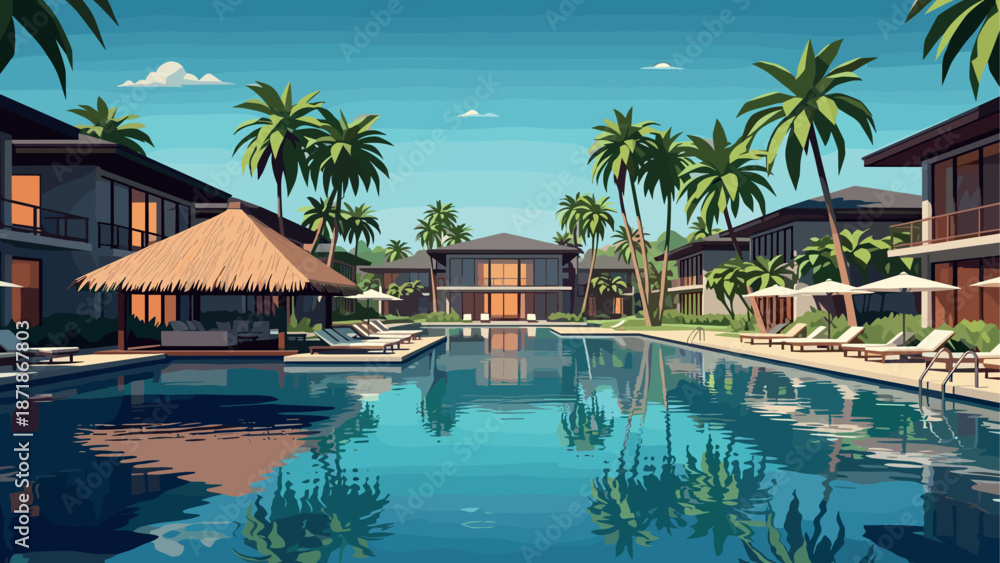 Obraz premium Luxurious tropical resort with palm trees and reflection in pool