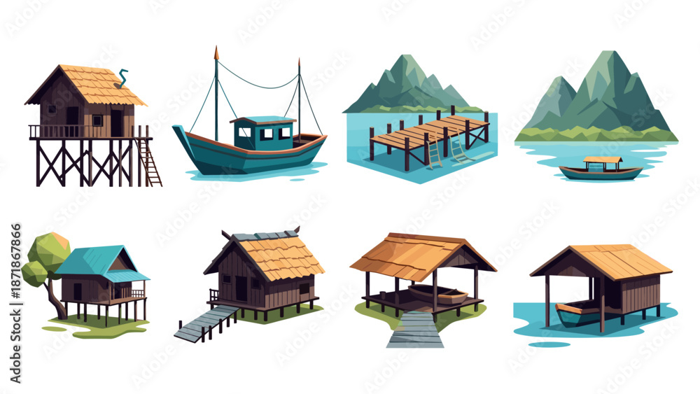 Obraz premium Rustic coastal retreats: a collection of charming seaside cabins and boats