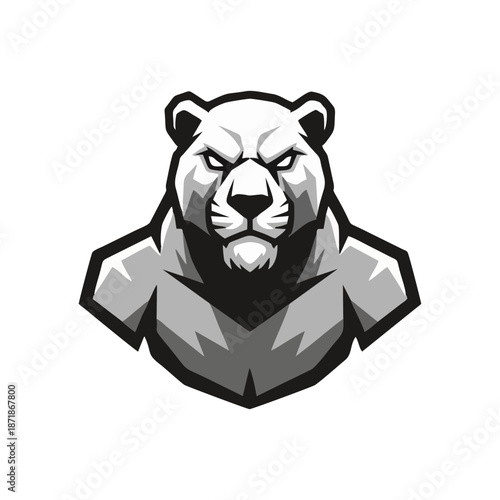 Dynamic grayscale bear mascot illustration for sports teams or brand identity, depicting fierce strength and determination, a bold emblem for a powerful visual presence