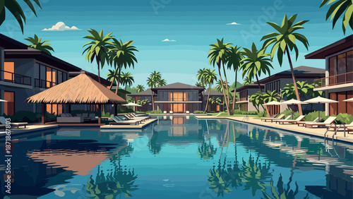 Luxurious tropical resort with palm trees and reflection in pool