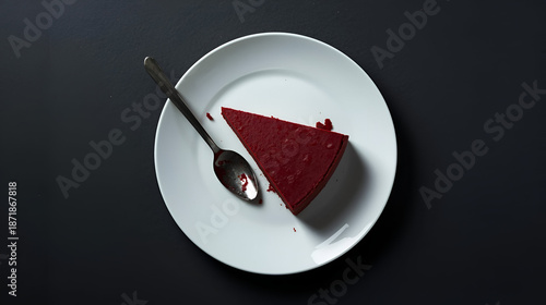  A Singular Slice: Capturing the Elegance of a Red Velvet Cake on a White Plate, Paired with a Spoon, Against a Dark Backdrop.