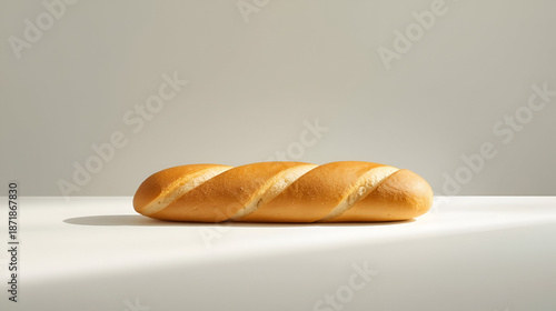 A Perfectly Baked, Golden Brown French Bread Loaf on a Clean, Bright Surface with Soft Shadows, Ideal for Breakfast, Lunch, or Dinner.
