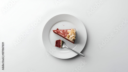  A Delicious Slice of Red Velvet Cake on a White Plate, with a Bite on a Fork, Minimalist Food Photography

