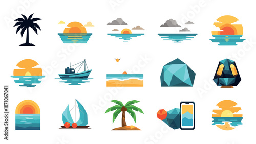 Colorful geometric sunset and nature icons collection