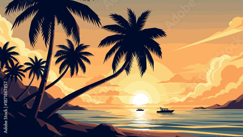 Tropical sunset with palm trees and boats on the horizon