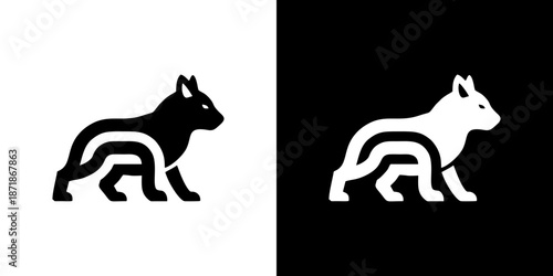 Abstract minimalist canine icon in stark black and white, depicting a stylized fox or wolf, ideal for modern branding, logo design, and graphic identity applications