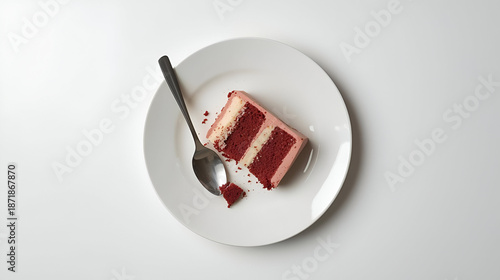 A delicious slice of red velvet cake on a pristine white plate, with a spoon resting beside it, perfect for a sweet treat or dessert.