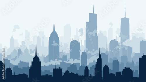 Misty urban skyline with cityscape silhouette in blue tones