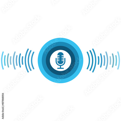 Voice recognition and sound wave technology with a microphone icon in blue shades on a white background