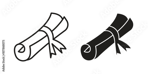 Diploma icons line and solid version, outline and filled vector design set