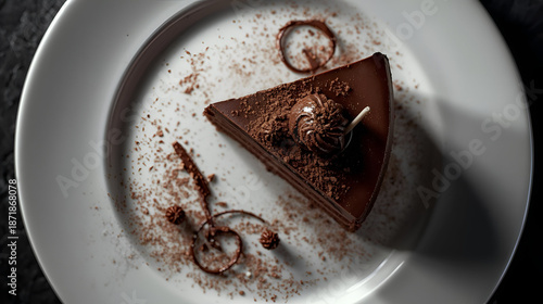 Exquisite Chocolate Decadence: A Close-Up of a Luxurious Chocolate Cake Slice on a White Plate, Garnished with Chocolate Shavings and a Truffle, Showcasing Culinary Artistry and Dessert Perfection.