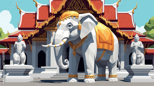 Polygonal elephant with traditional thai architecture in vibrant geometric art style