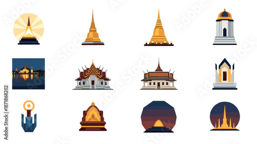 Modern and traditional thai temple icons collection in flat design style
