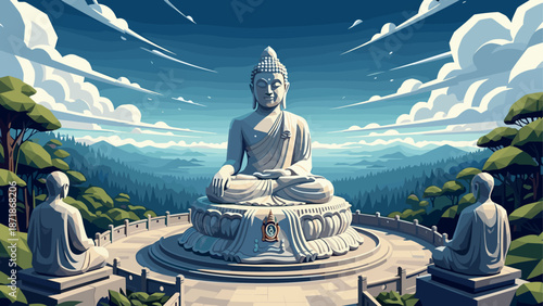 Serene buddha statue amidst lush landscape with majestic sky and tranquil atmosphere