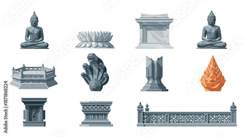 Buddha sculptures and thai architectural elements in flat design