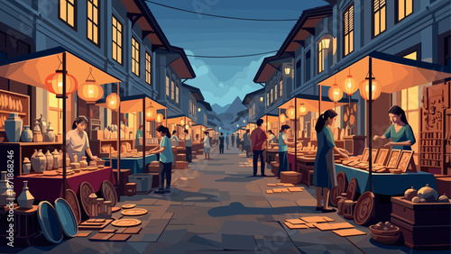 Evening marketplace: lively scene of traditional lantern-lit market stalls on a bustling street