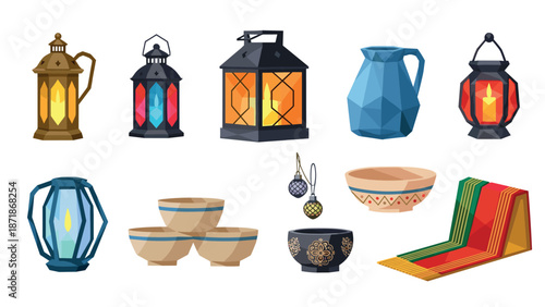 Colorful lanterns and traditional pottery collection in geometric style