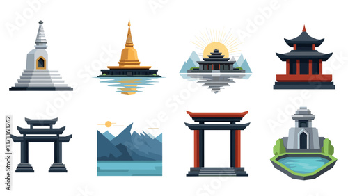 Diverse asian architecture: pagodas and temples in flat design with landscapes