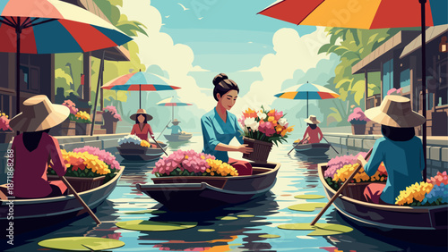 Peaceful scene of women selling flowers on boats in a serene asian floating market