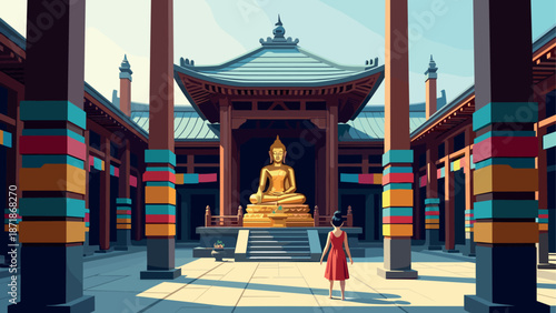 Serene temple courtyard with golden buddha and traditional architecture