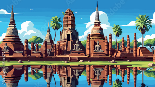 Scenic ancient temple reflections in tropical setting with clear sky