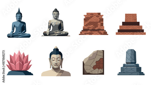 Modern design of buddha statues and cultural elements
