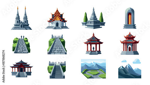 Collection of asian landmarks and temples in flat style with nature elements