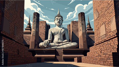 Majestic buddha amidst ancient ruins in tranquil afternoon setting