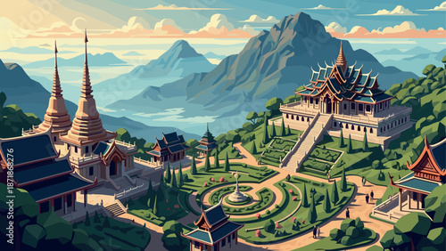 Serene asian temple complex in lush mountain landscape at sunrise