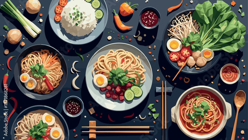 Colorful asian cuisine pattern with noodles, vegetables, and spices in flat design