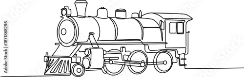 Detailed black and white illustration of a vintage steam locomotive. 
