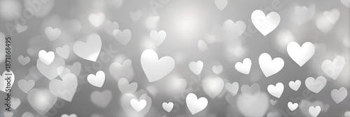 Soft gray bokeh with white hearts floating and fading into the background