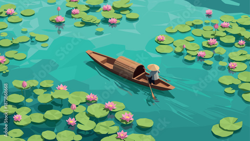 Tranquil boat ride through serene lotus pond in low poly art style