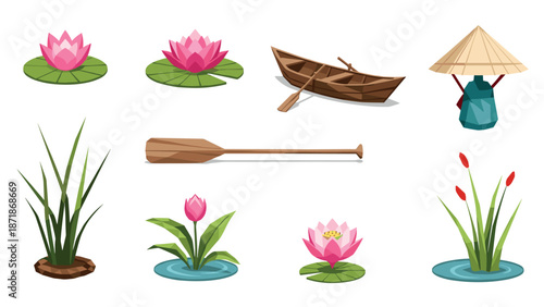 Collection of lotus flowers and wooden boat with oar on water in pastel style