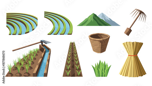Rice farming elements collection with fields, mountains, and tools in modern flat design