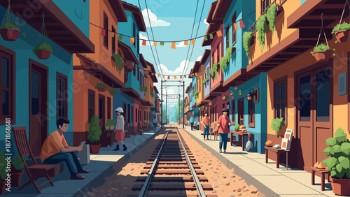 Charming urban street scene with colorful buildings and rails in warm afternoon light