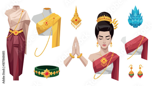 Traditional thai elements with cultural attire and jewelry in geometric flat design
