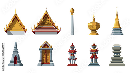 Traditional thai architecture elements set with ornate roofs and statuary