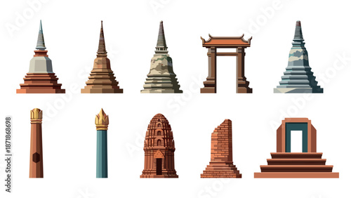 Isometric ancient temples and monuments collection on white background