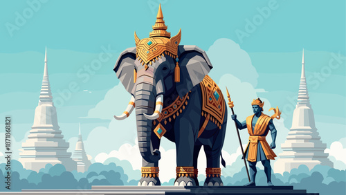 Majestic elephant and warrior with spear in vibrant asian temple scenery