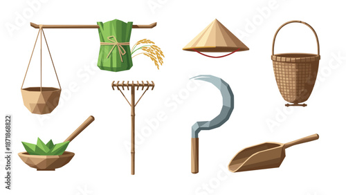 Traditional asian farming tools in low poly style for agricultural and cultural projects
