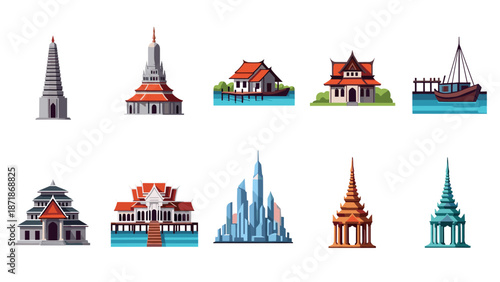 Diverse architectural landmarks collection: temples, pagodas, and towers