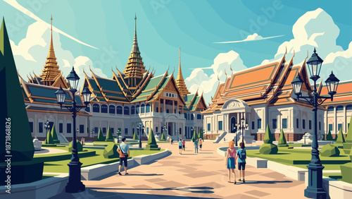Vibrant flat design of bangkok's grand palace with tourists in a sunny setting