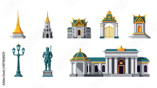 Traditional thai architecture elements including temples and statues