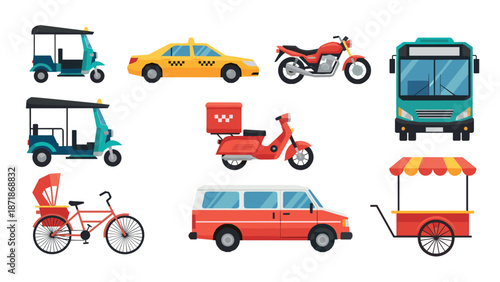 Colorful urban transport icons featuring tuk-tuks, taxi, motorcycle, bus, and bicycle