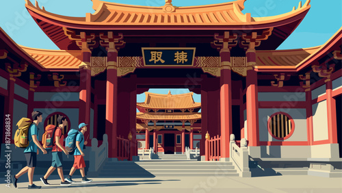 Travelers exploring traditional asian architecture at a temple complex