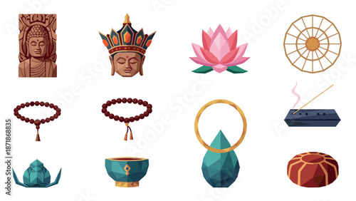 Colorful buddhist symbols including buddha, lotus, and meditation items in low poly style