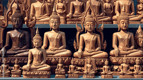 Intricate wooden buddha sculptures aligned on shelves in a peaceful display
