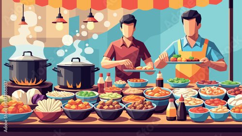 Street food stall with chefs preparing dishes under awning in geometric art style